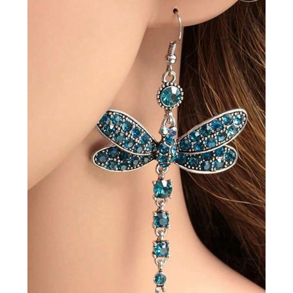 Vintage Blue Crystal Dragonfly Dangle Drop Earrings Silver Metal Hook - Picture 2 of 3